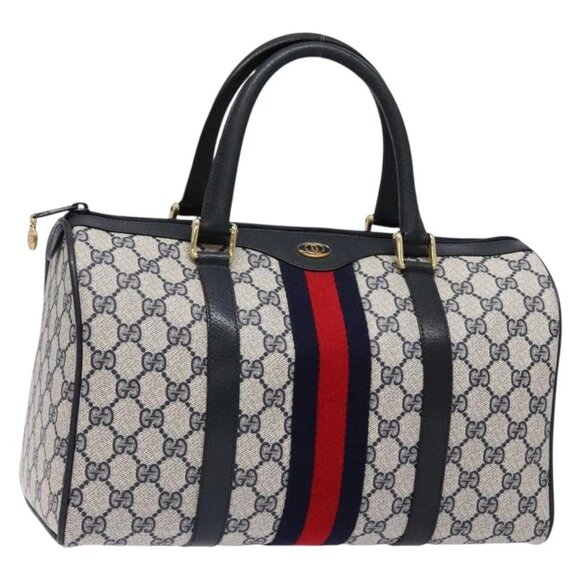 GUCCI GG Supreme Sherry Line Boston Bag PVC Navy Gold Auth ki5935 - Picture 1 of 16